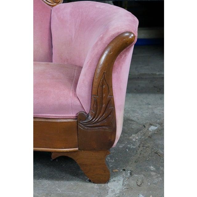Antique Victorian American Empire Serpentine Walnut Pink Camelback Sofa Loveseat For Sale - Image 4 of 15