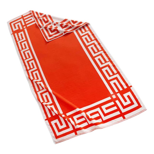 Greek Key Reversible Beach Towel, Mandarin Red/White For Sale