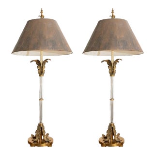 Mid 20th Century Tall Crystal & Brass Lamps With Brown Shades - a Pair For Sale