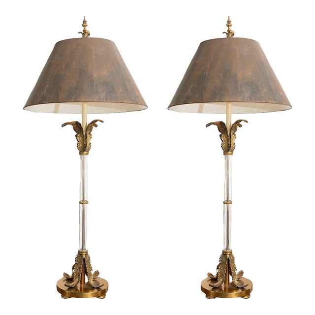 Mid 20th Century Tall Crystal & Brass Lamps With Brown Shades - a Pair For Sale