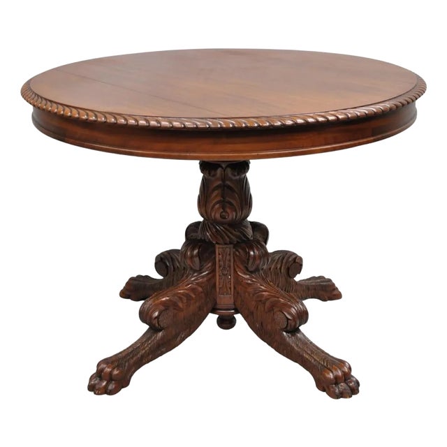 Antique French Empire Carved Mahogany Paw Foot Pedestal Base Round Center Table For Sale