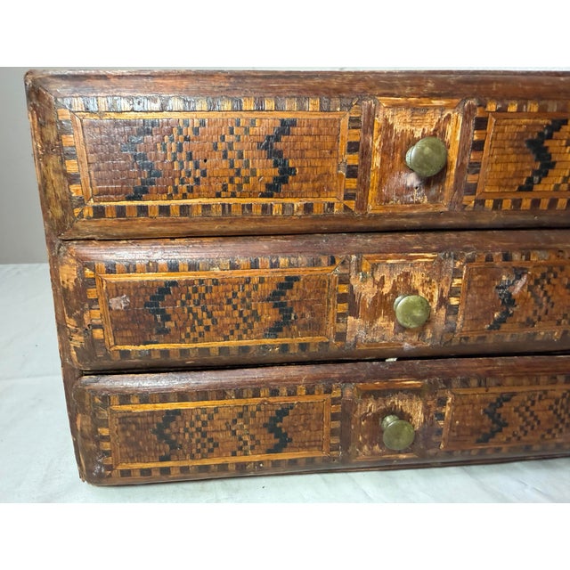Antique 19th Century Handmade Wood Veneer Marquetry Jewelry Box Dresser Chest For Sale - Image 4 of 14
