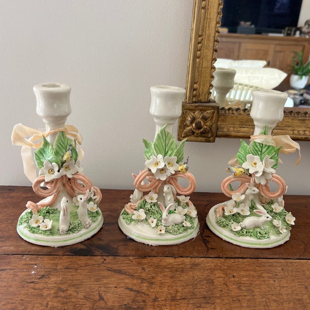 Hand Crafted English Porcelain Rabbit and Bird Candlestick Holders With Ribbon Detail - Set of 3 Marks unknows as bottoms...