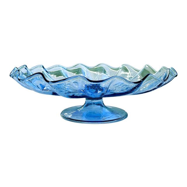 Mid-Century Hand Blown Blue Pedestal Bowl For Sale