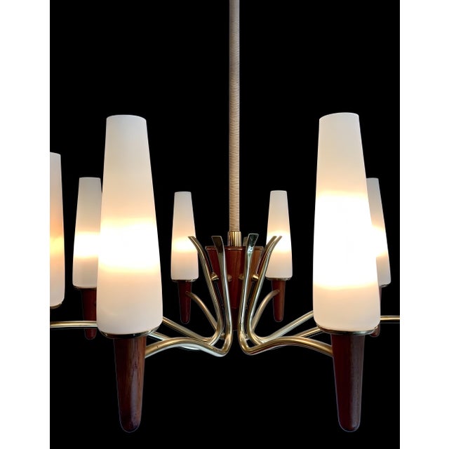 Large Mid-Century Modern Scandinavian Teak, Glass, & Brass Chandelier in the style of Stilnovo, 1960s For Sale - Image 9 of 14