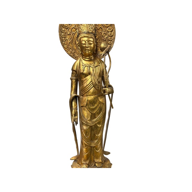 Oriental Metal Bronze Kannon Guan Yin Bodhisattva Holding Lotus Statue For Sale - Image 10 of 14
