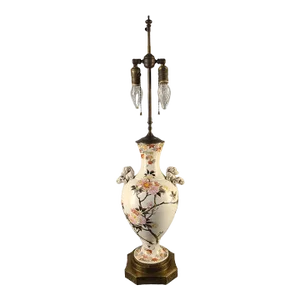1920s Large Asian Pottery Vase Floral Foo Dogs Banquet Table Lamp