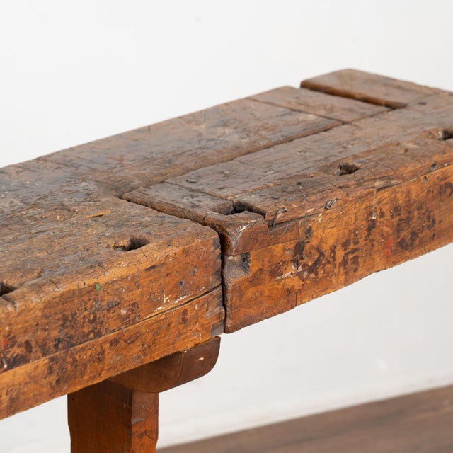 Brown Early 20th Century Rustic Narrow Carpenters Workbench Console Table For Sale - Image 8 of 15