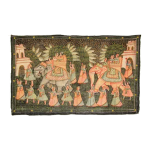 Large Vintage Mughal Raj Silk Painting of a Maharaja Royal Procession