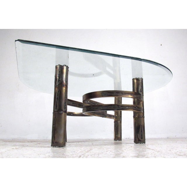 Transparent Brutalist Torch Cut Brass Table Set with Glass Tops - Set of 3 For Sale - Image 8 of 12