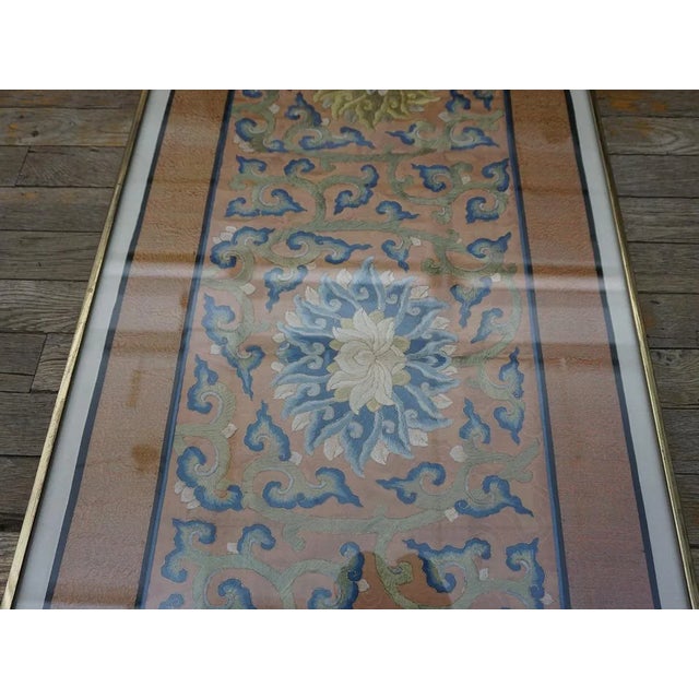 Textile 1890s Peach Floral Medallions Antique Chinese Carpet Silk Embroidery 1'6'' X 4' Rug For Sale - Image 7 of 15