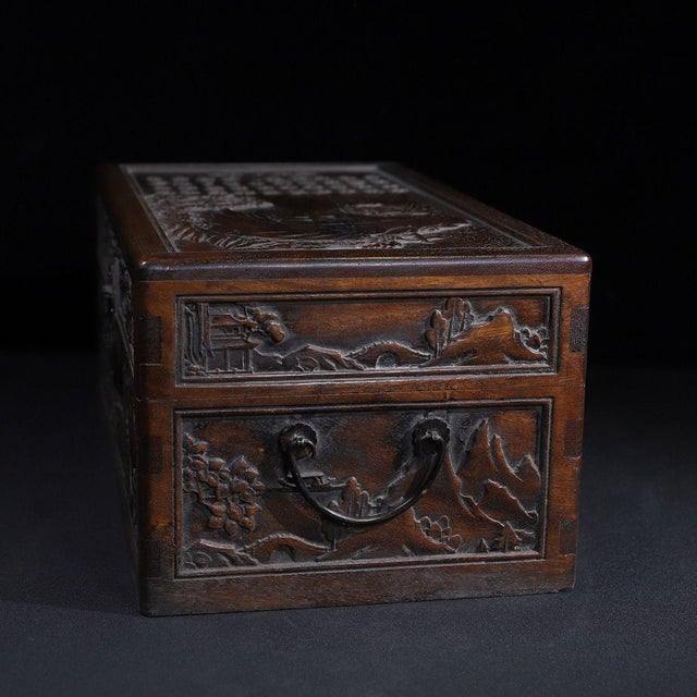 Pair of Huali Rosewood Nesting Boxes Carved With Landscape & Poetry For Sale - Image 9 of 9