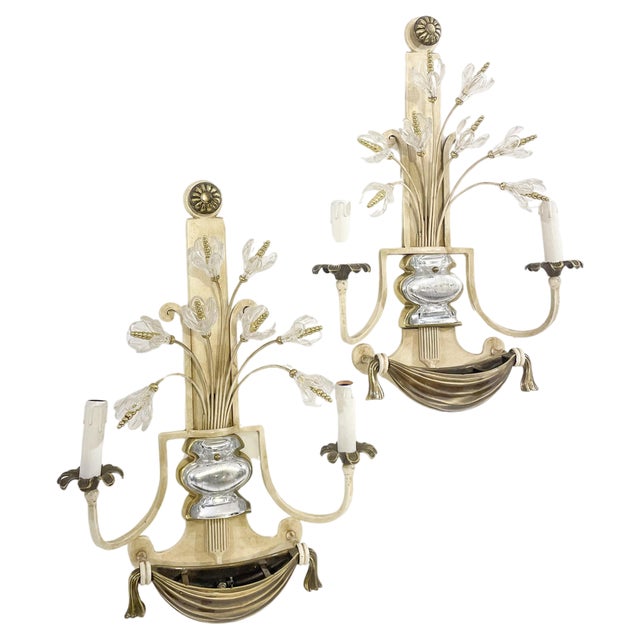 Silver, Wrought Iron and Glass Wall Lights attributed to Banci, Italy, 1940s, Set of 2 For Sale