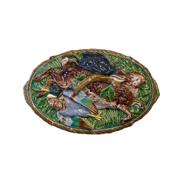 Late 19th Century Minton Majolica Covered Game Dish. Brown Basketweave Design Oval Footed Dish with Green Oak Leaf Detail...