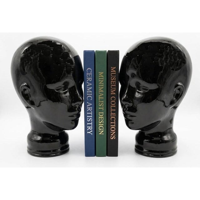 1970s 1970s Vintage Spanish Glossy Black Glass Mannequin Heads — Pair of Sculptural Bookends For Sale - Image 5 of 5