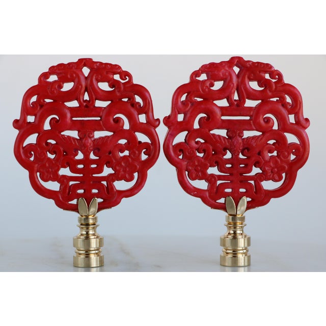 Chinese Longevity Symbol Lamp Finials on Golden Brass Hardware - A Matching Pair For Sale - Image 4 of 6