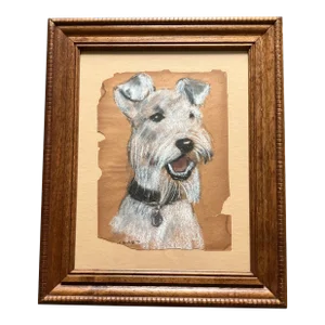 1950s Vintage Rustic Terrier Dog Pastel Drawing