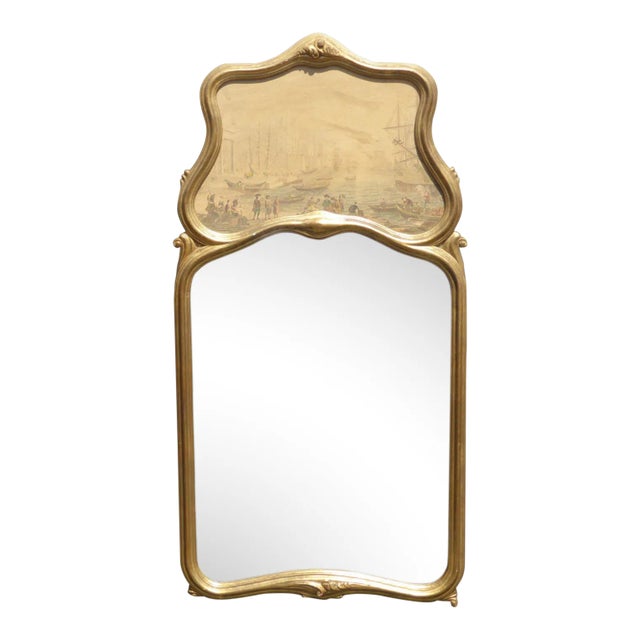 Vintage Trumeau Wall Mantle Mirror Made in Italy Picture of Boats in Harbor For Sale