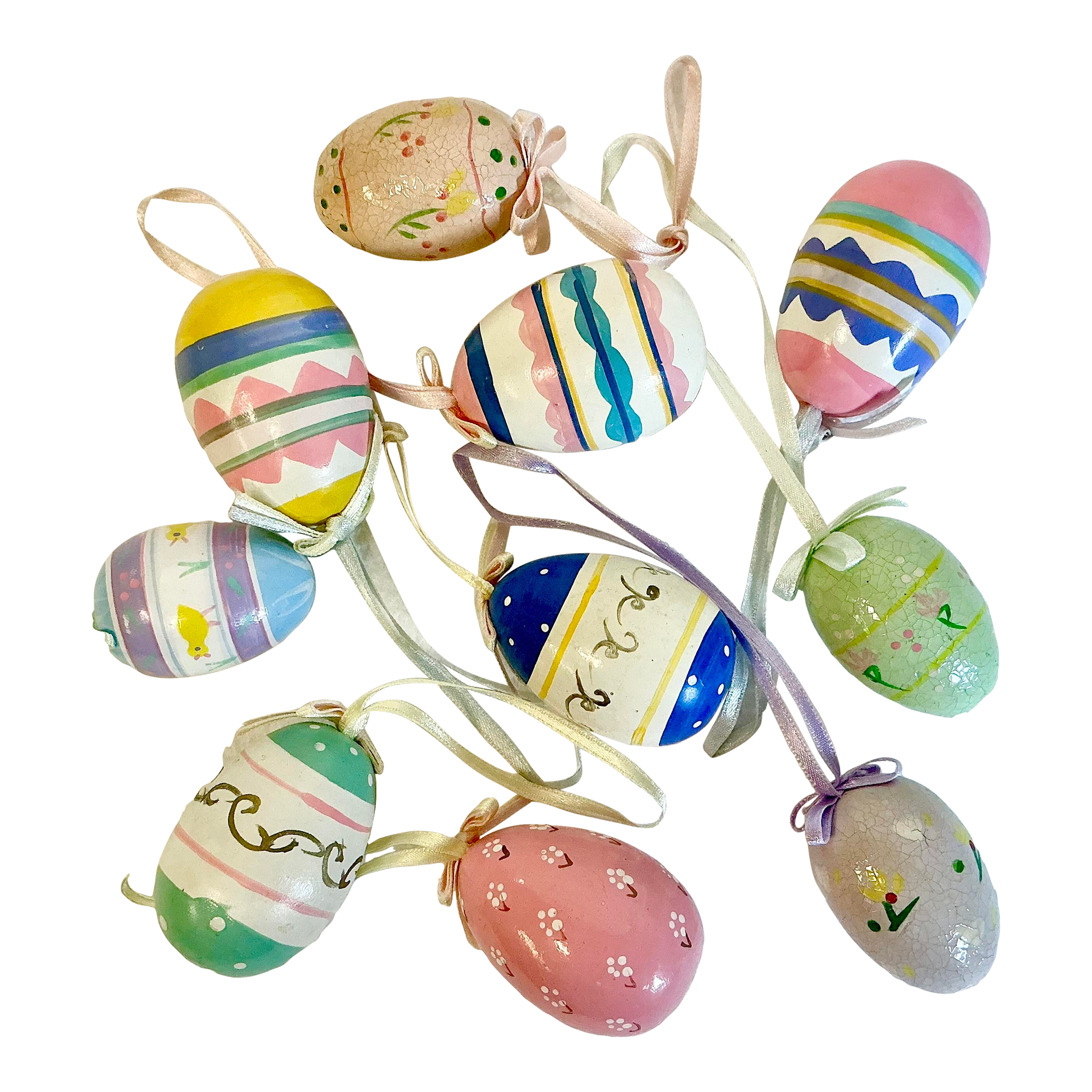 1970s Vintage Boho Chic Arts & Crafts Wooden Painted Easter Eggs