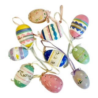 1970s Vintage Boho Chic Arts & Crafts Wooden Painted Easter Eggs - Set of 10 For Sale