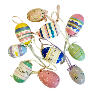 1970s Vintage Boho Chic Arts & Crafts Wooden Painted Easter Eggs - Set of 10