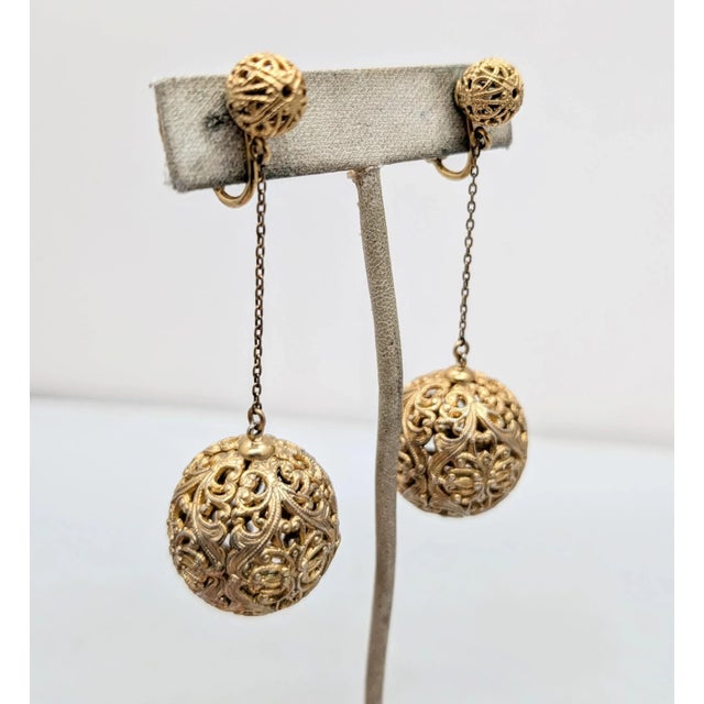 Mid-Century Modern Vintage 1966 Signed Napier Goldtone Filigree Ball Drop Clip Earrings- 2 Pieces For Sale - Image 3 of 8