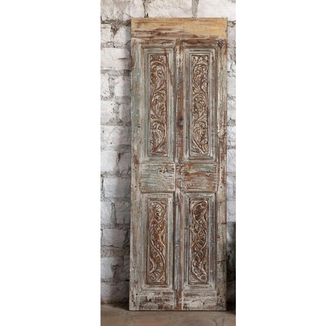 Mid-Century Modern Antique Distressed Green Carved Door – Rustic Barn Door Statement Décor 80x26.5 For Sale - Image 3 of 5