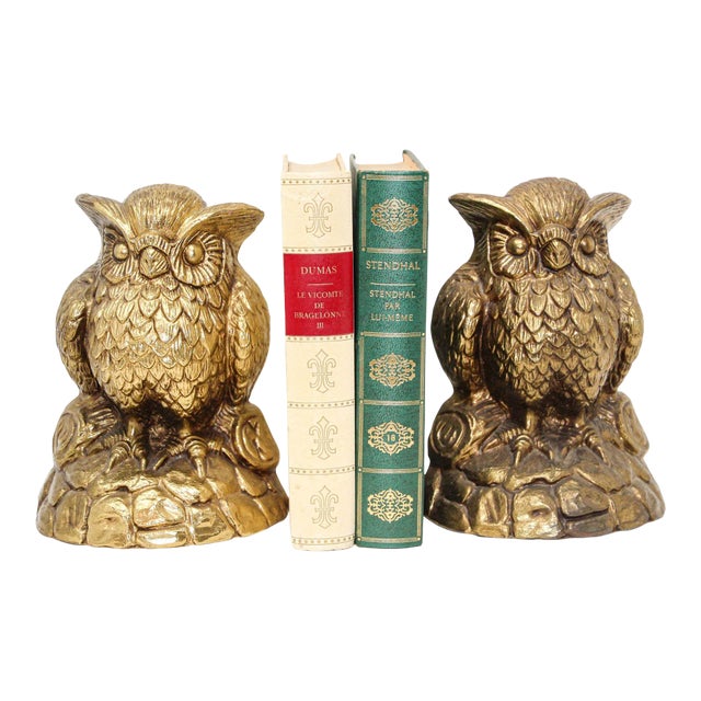 Vintage Cast Solid Brass Owl Bookends Mid-Century Modern 1950s For Sale