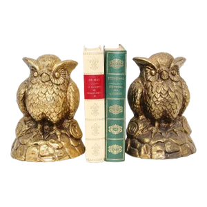 Vintage Cast Solid Brass Owl Bookends Mid-Century Modern 1950s
