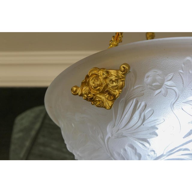 French Art Deco White Frosted Glass and Bronze Pendant Light with Floral Motifs, 1930s For Sale - Image 4 of 18