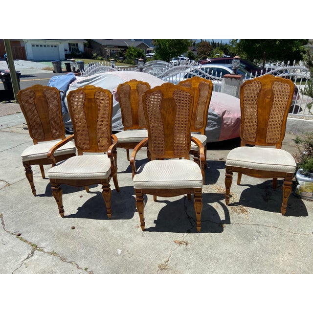 1990s American of Martinsville Campaign Light Wood & Cane Dining Chairs For Sale - Image 9 of 12