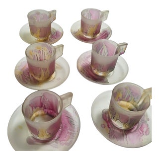 1980s Rueven Art Nouveau Demitasse Cups and Saucers Frosted Glass - Set of 6 For Sale