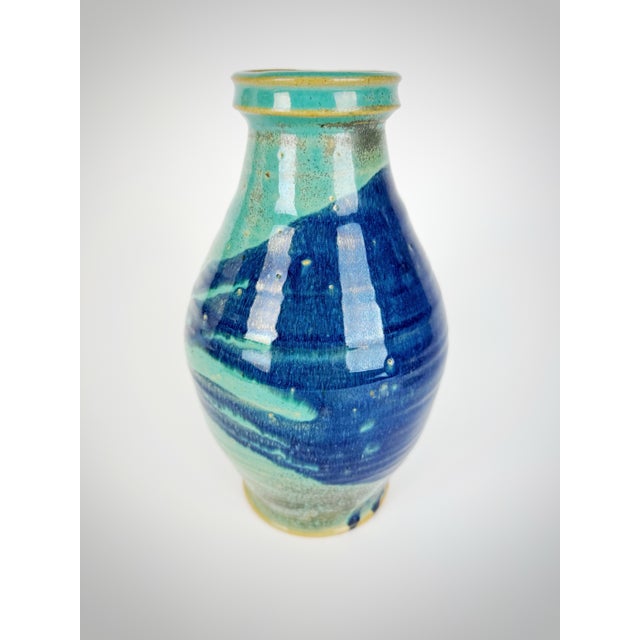 Vintage Studio Pottery Vase - Turquoise & Cobalt Glazed Stoneware - MCM Style For Sale - Image 4 of 8
