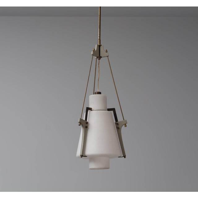 Vintage Italian Pendant Lamp in Opaline Glass and Lacquered Wood, 1950s For Sale - Image 12 of 15