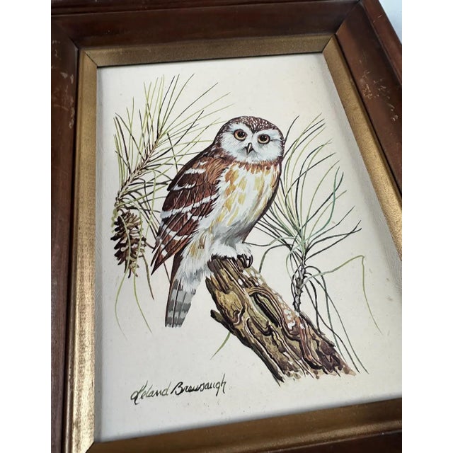 1970s Pair of Owl Paintings in Wooden Frames, Signed by Artist For Sale In Atlanta - Image 6 of 7