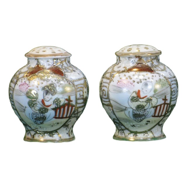Antique Salt & Pepper Shakers Satsuma Porcelain Gold Beaded Very Ornate For Sale