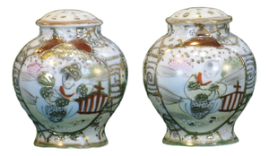 Antique Salt & Pepper Shakers Satsuma Porcelain Gold Beaded Very Ornate