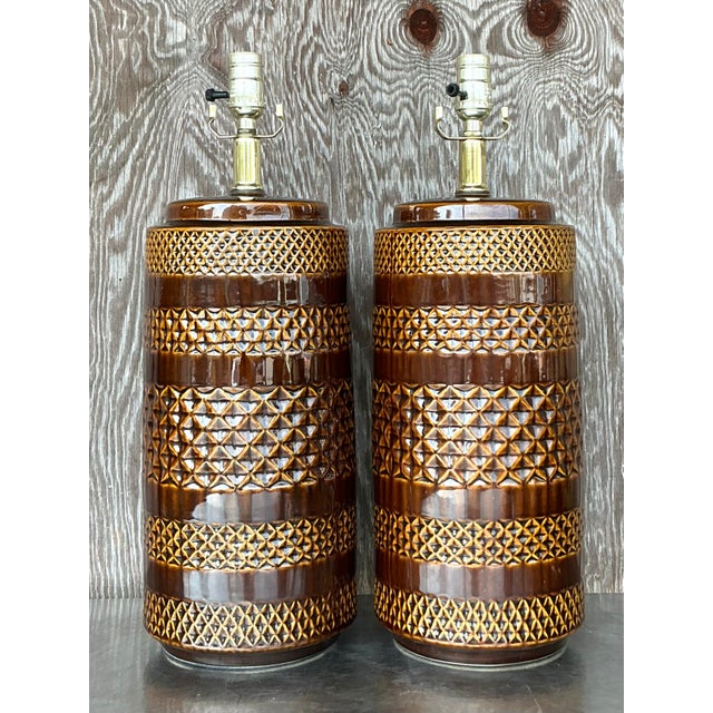 Boho Chic Vintage Boho Glazed Ceramic Band Lamps - a Pair For Sale - Image 3 of 10