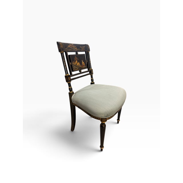 Chinoiserie Vintage Maitland-Smith Regency Style Chinoiserie Ebonized Dining Chairs - Set of 5 For Sale - Image 3 of 16