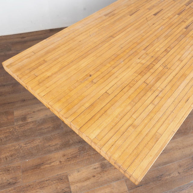 Reclaimed Bowling Lane Wood Top Industrial Dining or Work Table For Sale - Image 4 of 13