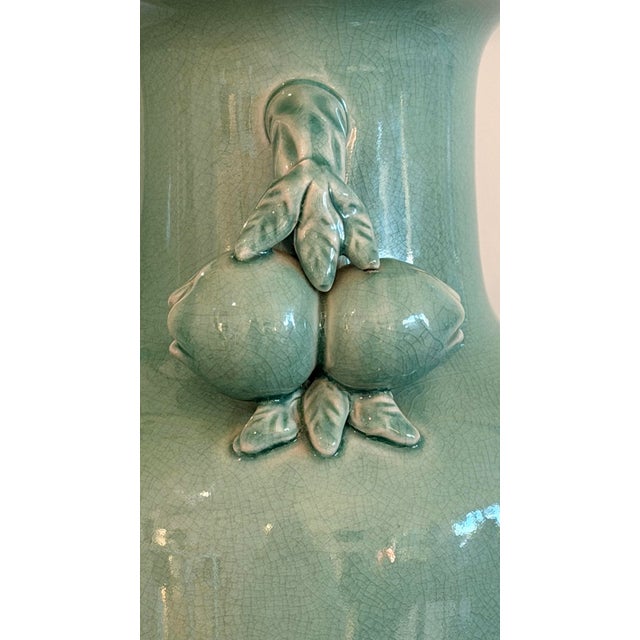 Celadon Ralph Lauren Lamps Chinese Crackled Pottery Celadon With Pomegranate Handles -a Pair For Sale - Image 8 of 15