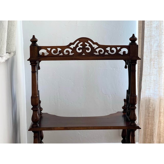 Exquisite Antique Victorian Carved Walnut Étagère Display Stand With Ornate Gallery & Lower Drawer For Sale - Image 10 of 12