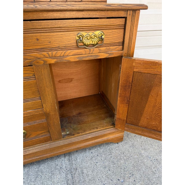 Antique Oak Washstand With Carved Backsplash, Cabinet and Brass Hardware For Sale - Image 12 of 12