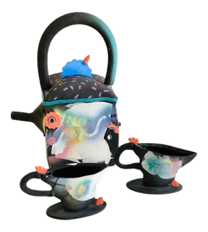 1990s Signed Postmodern Memphis Style Decorative Studio Pottery Tea Pot / Tea Cup Set - 3 Pieces
