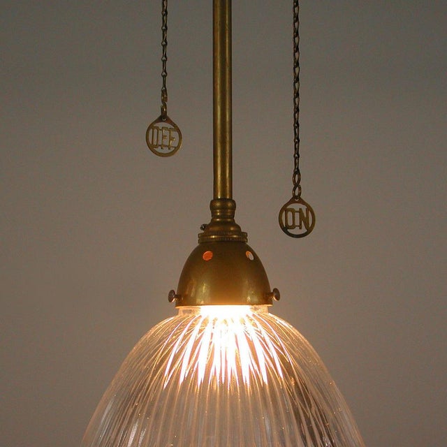 Art Deco Holophane Glass and Aged Brass Pendants, 1920s, Set of 2 For Sale - Image 12 of 18