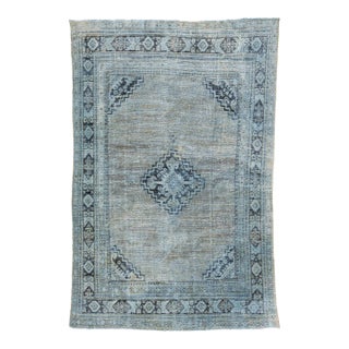 Antique Mahal Distressed Wool Rug With Medallion Design in Blue For Sale