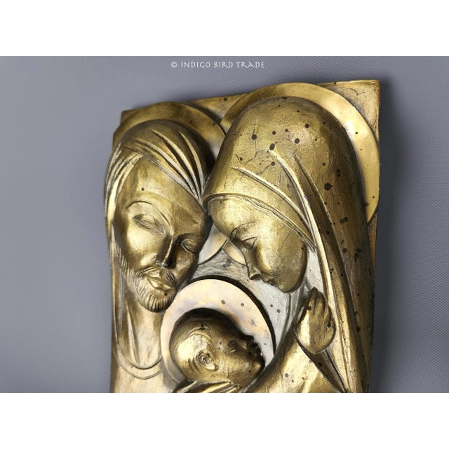 Italian Antique Gilt Metal Holy Family Joseph Virgin Mary and Jesus Wall Hanging Plaque For Sale - Image 3 of 7