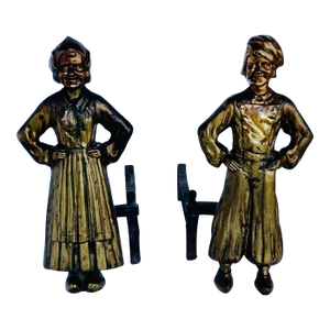 Early 20th Century Antique Bronze & Cast Iron Fireplace Andirons by Sheffield Ny Representing a Dutch Boy & Girl - a Pair