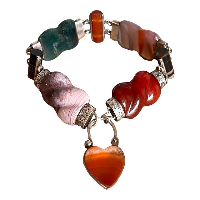 Circa 1880 Scottish Agate Silver Link Bracelet Heart Lock For Sale