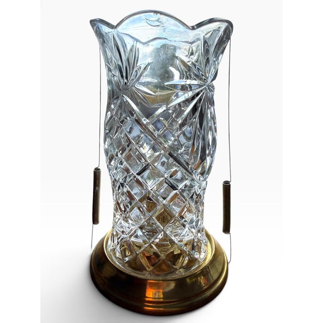 Beautiful vintage cut-glass hurricane candle holder featuring an intricate combination of diamond lattice cutting,...